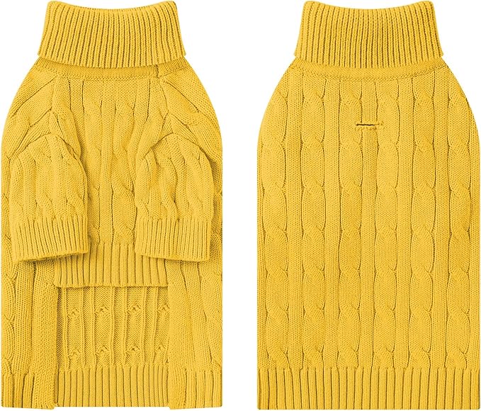 Small Dog Thermal Pullover Sweater, Classic Turtleneck Cable Knitwear Dog Clothes for Cold Weather Warm Pet Clothes for Chihuahua, Bulldog, Dachshund, Pug Yellow Small