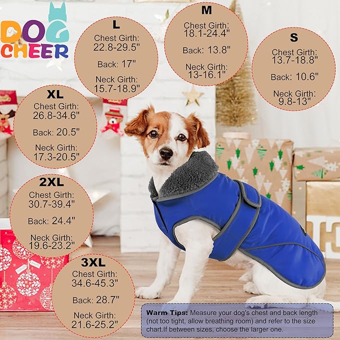 Dogcheer Dog Coat, Waterproof Dog Jacket Reflective Pet Winter Coat with Adjustable Hook & Loop, Christmas Puppy Fleece Jacket Warm Turtleneck Snowsuit for Small Medium Large Dogs - Blue, 3XL