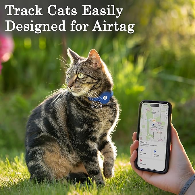 OOPSDOGGY Cat Collar for AirTag Holder, Leather Kitten Collars with Elastic Strap & Bell, Non Breakaway Adjustable Small Pet Collars for Indoor & Outdoor for Boy, Girl (Light Blue)