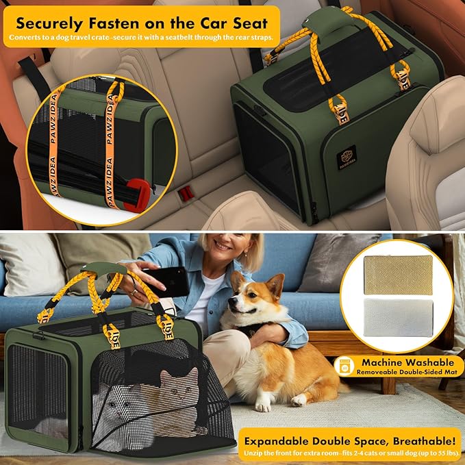 PAWZIDEA Large Pet Carrier Expandable, 24"×16"×16" Soft-Sided Cat Carrier for 2–4 Cats up 55lb, Portable & Collapsible Small Medium Dog Travel Crate for Car, XL Storage Pocket, ID Card, Shoulder Strap