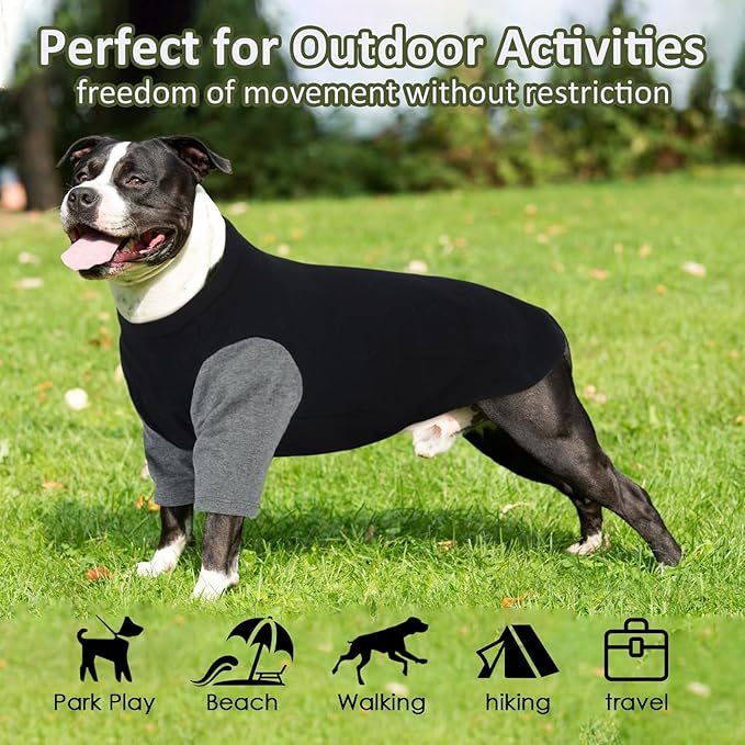 2 Pack Dog Shirt for Large Dogs XXL - Soft Breathable Cotton Tees, Freedom of Movement Prevents Overheating Clothes for Border Collie, Pitbull, Boxer, Hiking, Play, Casual Wear, GreyBlack