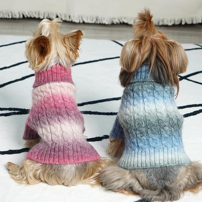 KYEESE Dog Sweater Cable Knit Thick Dog Knitwear Turtleneck Warm with Sleeves Fuzzy Dogs Clothes Gradient Color, Blue, Large