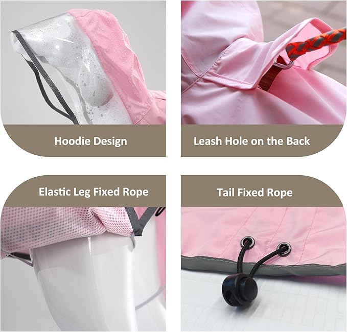 MAMORE Dog Raincoat Waterproof, Lightweight Adjustable Dog Rain Coat Hooded Poncho with Reflective Strip for Large Medium Small Dogs (Pink, XX-Large)