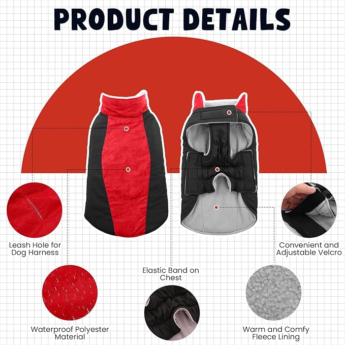 Warm Dog Coat,Waterproof Jacket in Winter Adjustable and Reversible Doggy Fleece Outfit,Thick Clothes with Foldable Collar for Puppy in Cold Days,XL Red