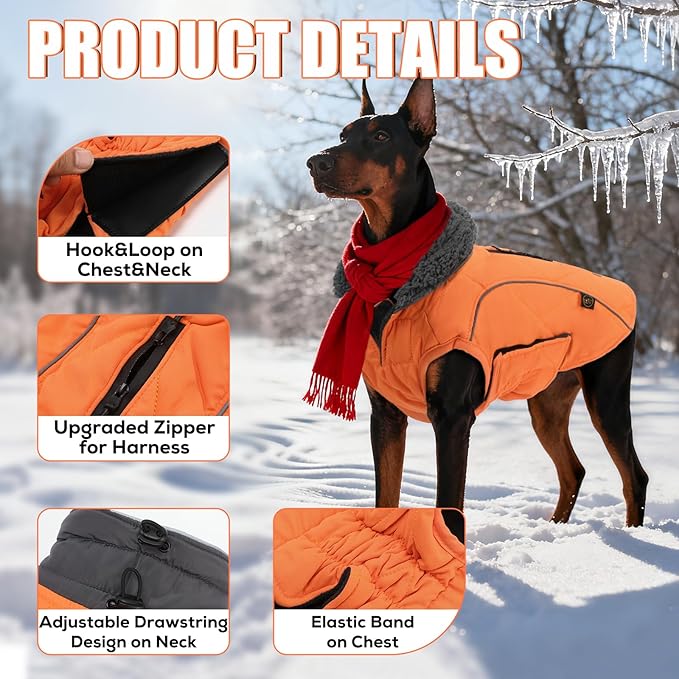 EMUST Winter Coat for Large Dogs, Windproof Dog Jacket for Cold Weather, Extra Warm Dog Winter Clothes for Small Medium Large Dogs, Orange, XXL