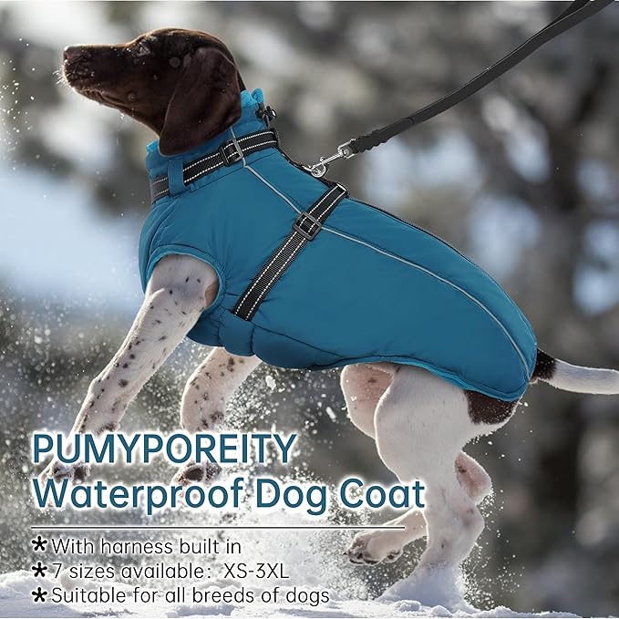 PUMYPOREITY Dog Coat with Harness Built in, Reflective Fleece Jacket, Thick and Warm Winter Coat, Medium Dog Jacket with Zip, Cold Weather Coats for Outdoor, Windproof Pet Snowsuit, Blue, M