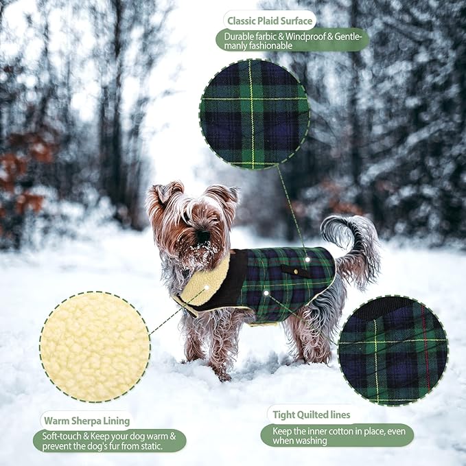 Winter Coat for Small and Medium Dogs, Puppy Plaid Jacket, Cotton Coat for Cold Weather, Windproof Warm Dog Garments, Pet Thickened Outfits Indoor Outdoor, Green L