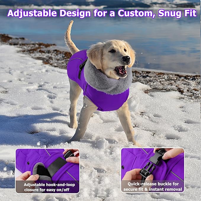 Dogcheer Dog Coat with Pocket, Waterproof Dog Jacket with Adjustable Buckle, Reflective Puppy Winter Coat Warm Turtleneck Fleece SnowJacket for Small Medium Large Dogs - Purple 2XL