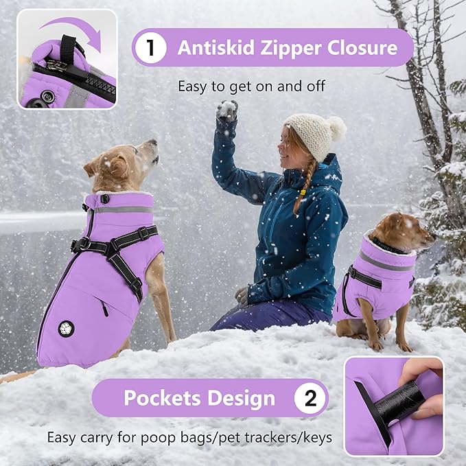 Dogcheer Dog Coat with Harness, Waterproof Dog Jacket, Reflective Puppy Winter Jacket with Pocket, Doggy Turtleneck Fleece Vest for Small Medium Large Dogs - Taro Purple, 2XL