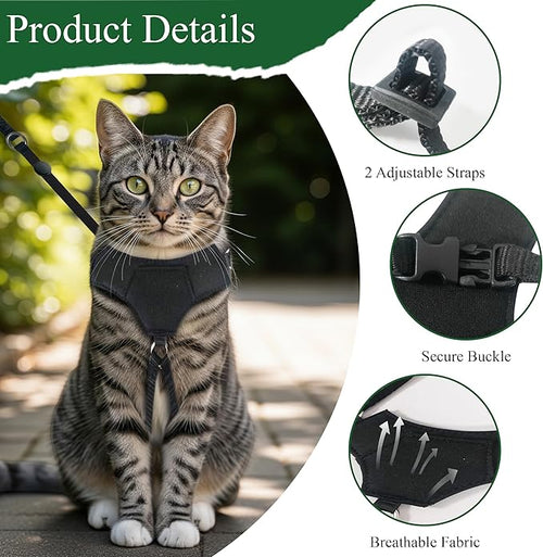A1HC Escape Proof Cat Harness and Leash - Soft Adjustable Vest, Comfortable Mesh and Long Strips with Air Tag Pocket, Easy Control, Safe Walking Harness for Cats & Kittens - Black (Small)