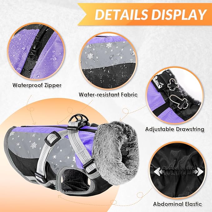 SlowTon Dog Jacket with Harness Built in - Waterproof Fleece Winter Warm Dog Coats for Small Medium Dogs, Reflective Adjustable Furry Puppy Vest Clothes for Outdoor Walking (Purple & Grey, XL)