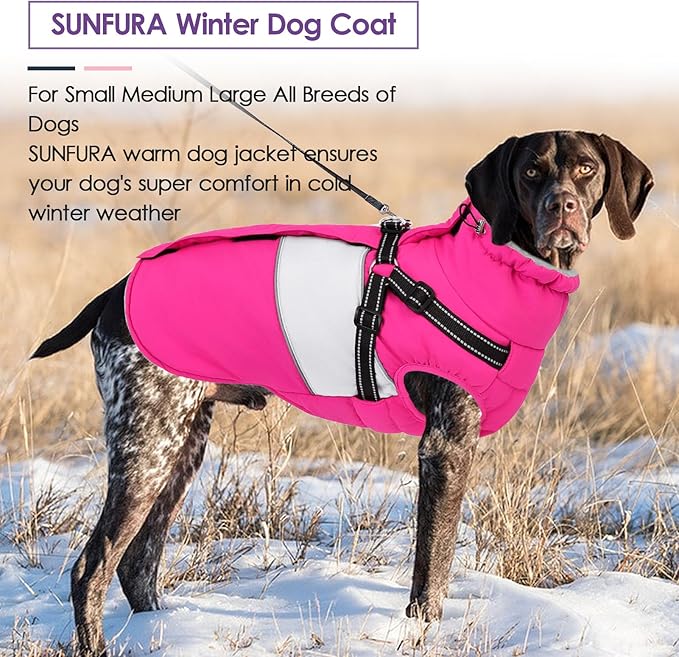 SUNFURA Small Dog Coat with Harness Built in, Warm Dog Jacket Winter with Zipper On Back, Waterproof Pet Snow Jacket Snowsuit Pet Sweater Clothes for Puppy, Hot Pink XS