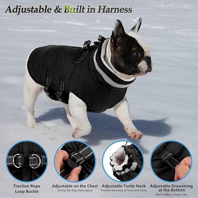 Dogcheer Dog Coat, Waterproof Dog Jacket with Harness, Reflective Adjustable Winter Coat with Zipper, Christmas Pet Snow Jacket Clothes for Small Medium Large Dogs - Black 3XL