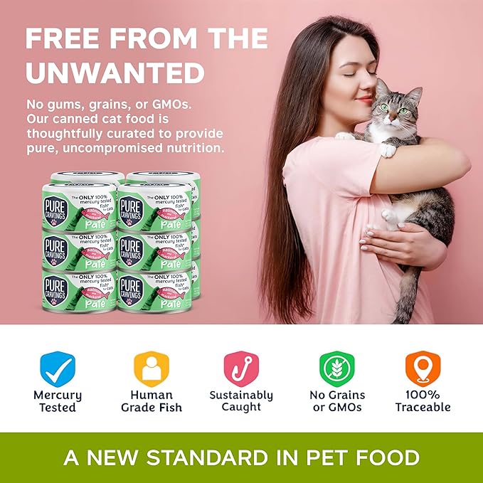 Pure Cravings Salmon and Mackerel Pate, Canned Wet Cat Food, 100% Mercury-Tested, Moist Can Fish, Grain-Free Protein, Non-GMO, 12 Pack