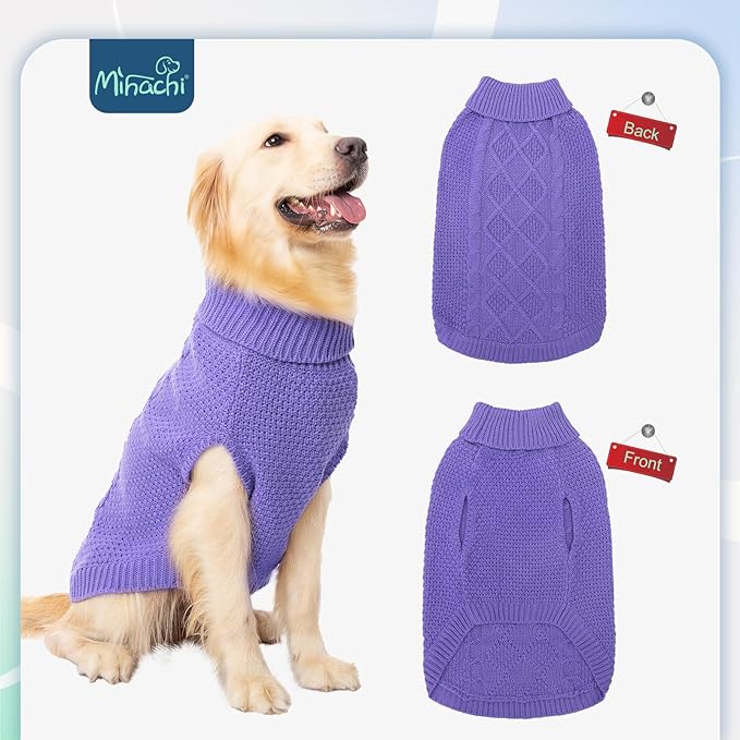 Mihachi Turtleneck Dog Sweater - Winter Coat Apparel Classic Cable Knit Clothes with Leash Hole for Cold Weather, Ideal Gift for Pet in New Year Light Purple M