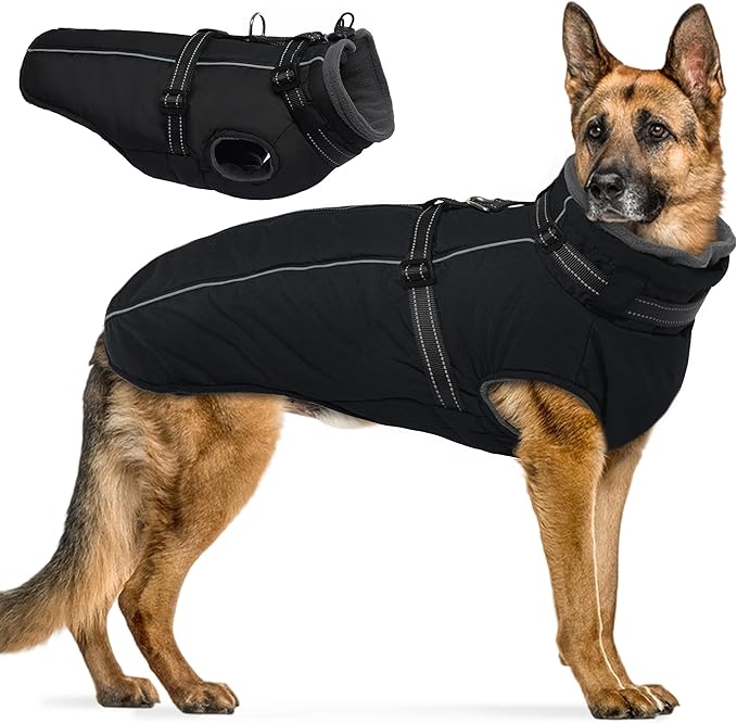 PUMYPOREITY Dog Coat with Harness Built in, Reflective Fleece Jacket, Thick and Warm Winter Coat, Medium Dog Jacket with Zip, Cold Weather Coats for Outdoor, Waterproof Pet Snowsuit, Black, L