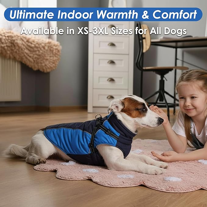 ASENKU Reflective Dog Coat with Built-in Harness, Windproof Fleece-Lined Dog Jacket for Small, Medium, Large Dogs, Warm Winter Vest with Turtleneck & Zipper (Navyblue M)