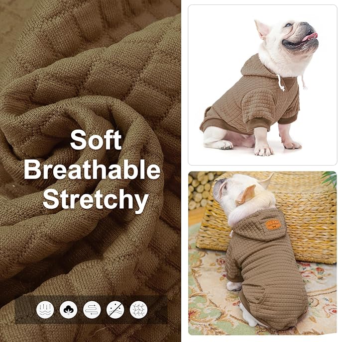 BEAUTYZOO Small Dog Hoodie Sweater with Pockets, Dog Clothes for Small Medium Dogs Boy Girl, Waffle-Like Laminated Cotton Pet Coats with Hat and Leash Hole, Khaki XL