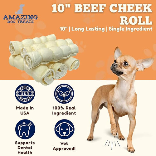 Amazing Dog Treats - Beef Cheek Rolls-(Mega Thick 10" - 6 Pcs) No Hide - Safe Rawhide Alternative Dog Chew - Great for Power Chewers - Long Lasting Dog Chew - No Splinters - Retriever Rolls for Dogs