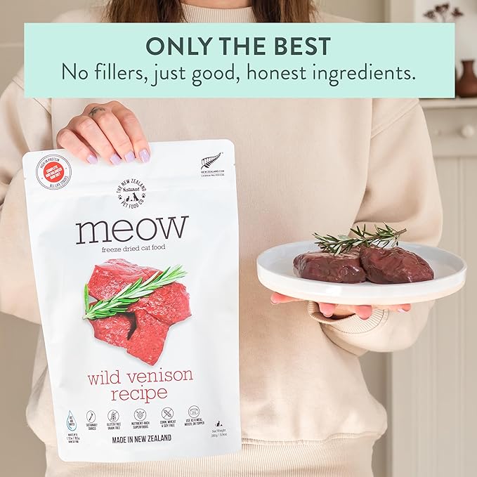 The New Zealand Natural Pet Food Co Meow Freeze Dried Cat Food - Wild Venison Recipe, High Protein Treats, Meals & Toppers, Dry Cat Food, 9.9 oz