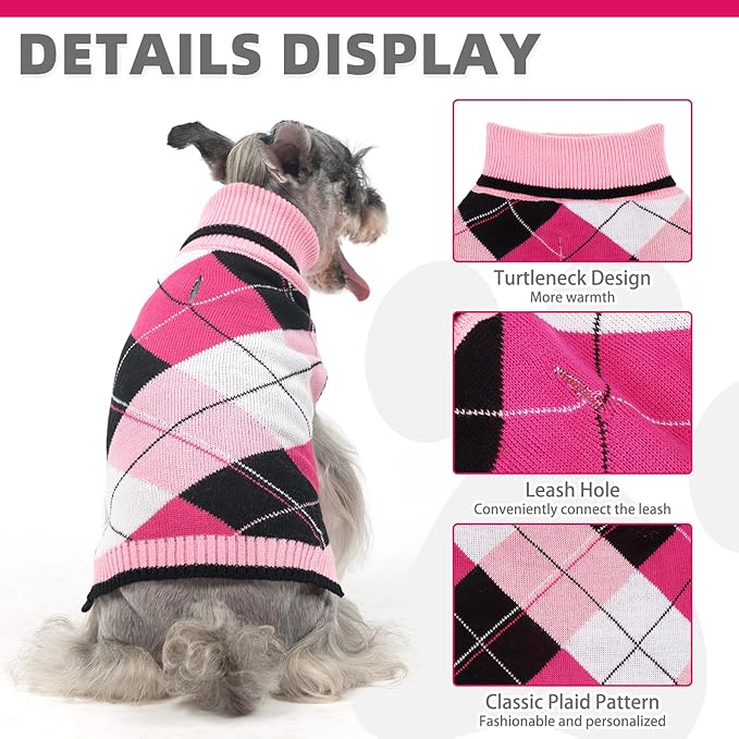KOOLTAIL Dog Sweater Pet Knitted Clothes - Classic Pink Plaid Pullover Turtleneck Thick Warm Fall Dog Sweaters with Leash Hole, Soft Winter Coats for Small Medium Large Dogs Cats Puppy Girls, S