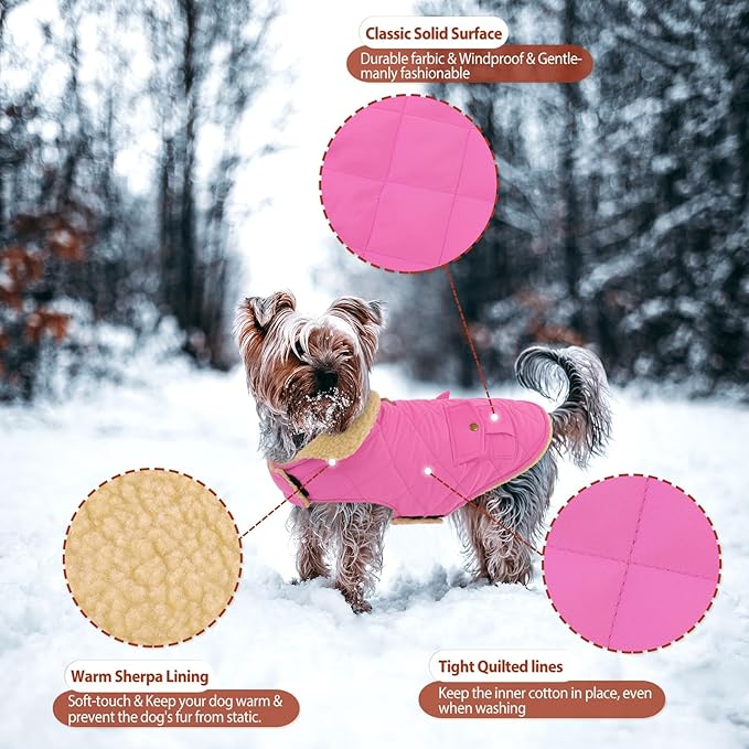 Winter Coat for Small and Medium Dogs, Puppy Plaid Jacket, Cotton Coat for Cold Weather, Windproof Warm Dog Garments, Pet Thickened Outfits Indoor Outdoor, Pink XS