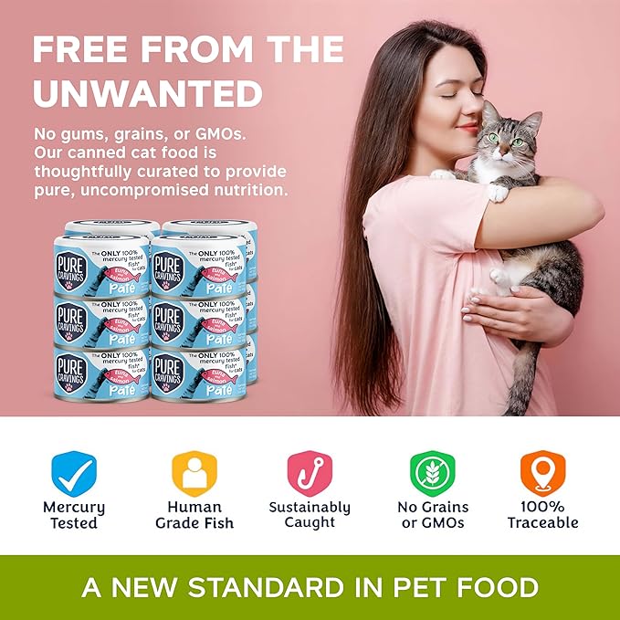 Pure Cravings Tuna and Salmon Pate, Canned Wet Cat Food, 100% Mercury-Tested, Moist Can Fish, Grain-Free Protein, Non-GMO, 12 Pack