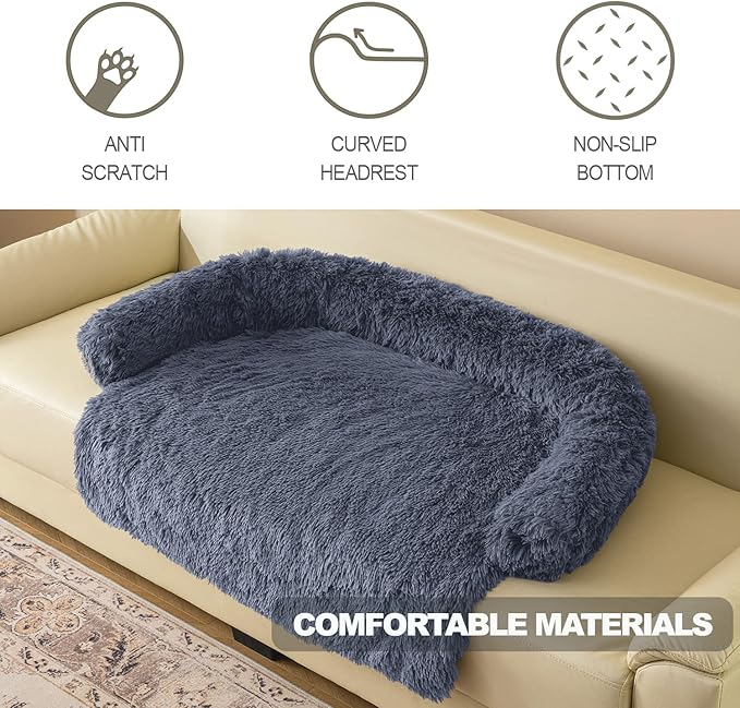 Calming Dogs/Cats Bed Mats, Dog Pad Washable Removable Couch Cover, Plush Long Fur Mat for Pets, Waterproof Lining, Perfect for Small, Medium and Large Dogs and Cats (Navy Blue, 36"x31")