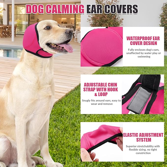 SlowTon Quiet Ears Dog Hoodie - 2 Pcs Ear Wrap Dog Ear Muffs Noise Protection, Anxiety Relief Dogs Hat Calming Hood Head Cover, Pet Headband Dogs Ear Protector for Grooming, Force Drying (Pink,S)
