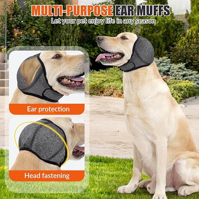 SlowTon Quiet Ears Dog Hoodie - 2 Pcs Ear Wrap Dog Ear Muffs Noise Protection, Anxiety Relief Dogs Hat Calming Hood Head Cover, Pet Headband Dogs Ear Protector for Grooming, Force Drying (Grey,M)