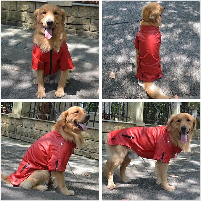 Lovelonglong Cool Dog Leather Jacket, Warm Coats Dogs Windproof Cold Weather Coats for Large Medium Small Dogs, Pomeranian Clothing Red M