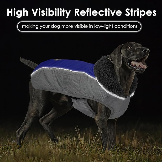 Dog Coat, Waterproof Ripstop Dog Winter Jacket with Leash Hole, Reflective Adjustable Warm Pet Fleece Snow Sweater for Small Medium Large Dogs - Blue, XL