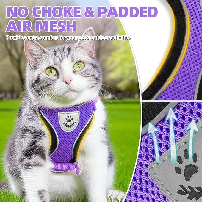 PUPTECK Cat Harness and Leash Set Escape Proof Reflective Cat Walking Harness Adjustable Soft Breathable Mesh Vest for Small Pets, Purple, M