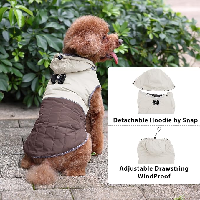 Detachable Hooded Dog Coat with Harness for Large Dogs,Super Warm Fleece Puppy Jacket for Cold Winter Doggie Coats,Brown XXXL