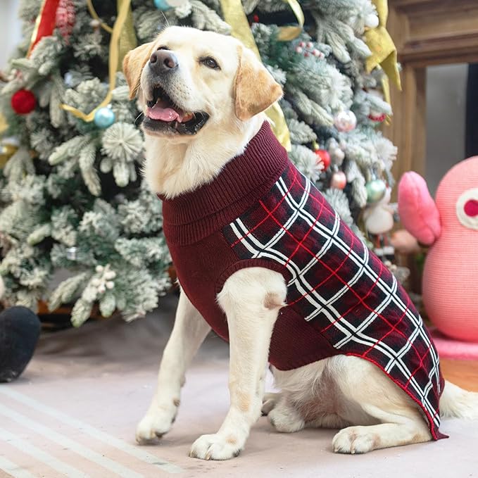 PUPTECK Dog Christmas Sweaters for Large Medium Small Dogs - Fall Classic Plaid Style Puppy Holiday Winter Coat Clothes Warm, Deep Red, ML