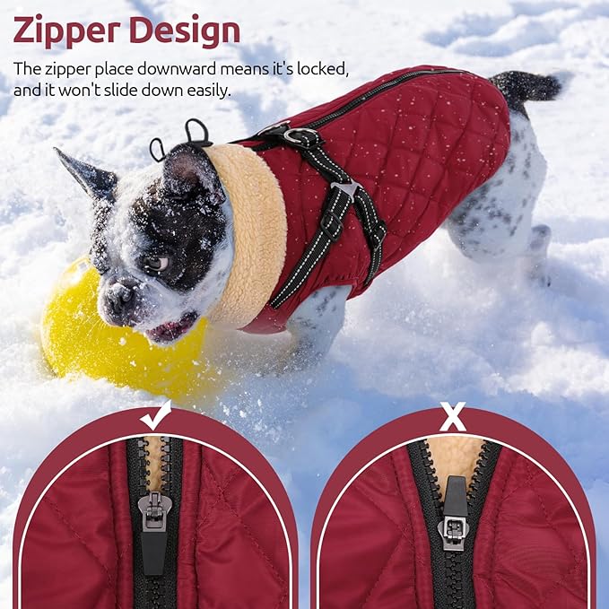 Queenmore Dog Jackets for Large Dogs, Dog Coat with Harness Built-in, Thick Fleece Lining Waterproof Jacket for Large Breeds, Back Zipper Pet Winter Jacket for Retriever, Labrador, Burgundy XL