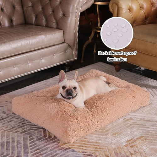 Bedfolks Waterproof Dog Crate Bed,Plush Dog Bed with Removable Washable Cover,Faux Fur Dog Crate Pad for Large Dogs,Fluffy Dog Kennel Bed 35"x23",Solid Camel
