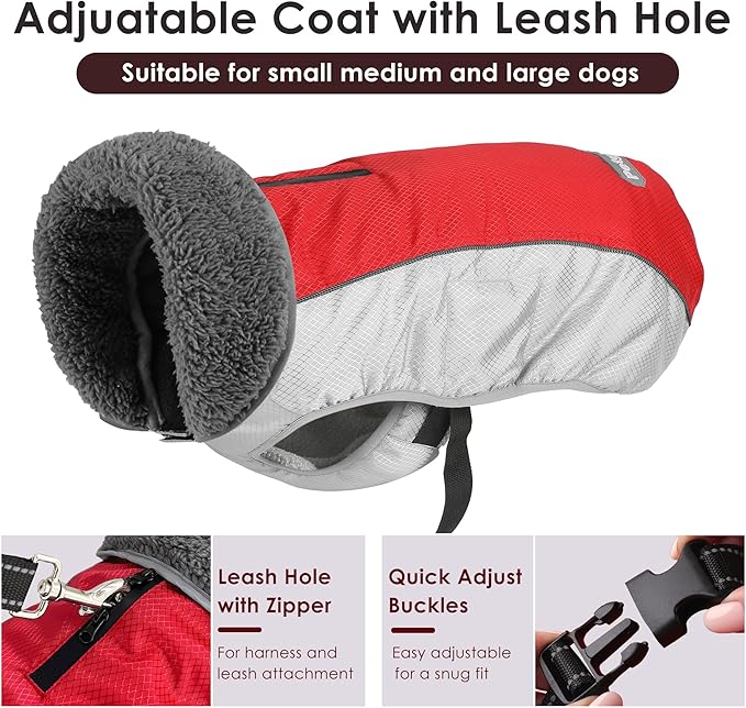 Dog Coat, Waterproof Ripstop Dog Winter Jacket with Leash Hole, Reflective Adjustable Warm Pet Fleece Snow Sweater for Small Medium Large Dogs - Red, L