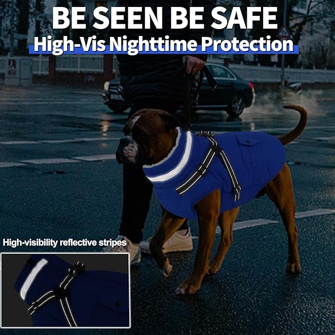Dogcheer Dog Coat with Harness, Waterproof Warm Dog Winter Jacket with Pockets, Reflective Pet Fleece Jacket Turtleneck Snowsuit for Small Medium Large Dogs - Blue, M