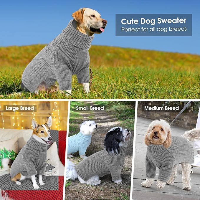 Queenmore Dog Sweaters for Medium Dogs,Soft Dog Sweater - Heavy Knitting Turtleneck Solid Pullover with Sleeve - Warm Winter Pet Coat for Casual Occasions/Christmas/Festive - Grey,M
