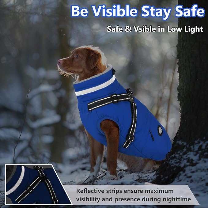 Dogcheer Dog Coat, Waterproof Dog Winter Jacket with Harness, Reflective Adjustable Doggy Cold Weather Coats, Christmas Pet Fleece Snowsuit for Small Medium Large Dogs - Blue, 2XL