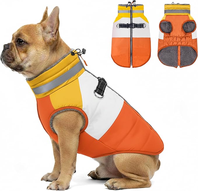 azuza Dog Jacket for Small Dogs Waterproof Dog Coat with Reflective Strips and Harness Built in Warm Fleece Dogs Winter Coat Windproof with Back Zipper, Orange M