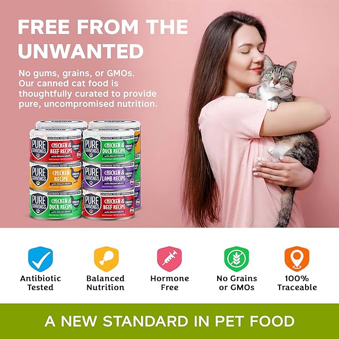 Pure Cravings Chicken Recipe in Broth, Shredded Wet Cat Food, Variety Flavor Pack: Chicken, Lamb, Duck, Beef; Grain-Free Protein, Non-GMO