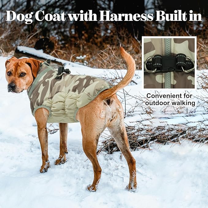 Lelepet Warm Dog Winter Coat Dog Coats for Large Dogs Waterproof Dogs Jacket with Harness Built in Reflective Cold Weather Coats Zip-Up Winter Fleece Vest Snowsuit Boston Terrier Desert Camo L