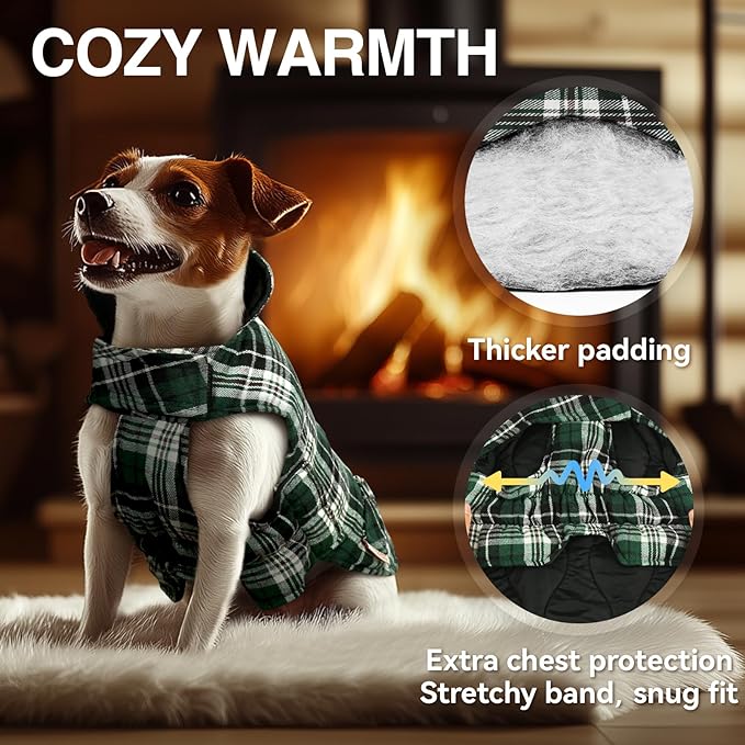 VIVAGLORY Softjoy Dog Coat, Dog Jacket for Winter & Christmas, Coat with Harness Hole & Velcro Closure, Reversible Plaid Checkered Warm Fluffy Heavy Duty for Puppy, XS, Green