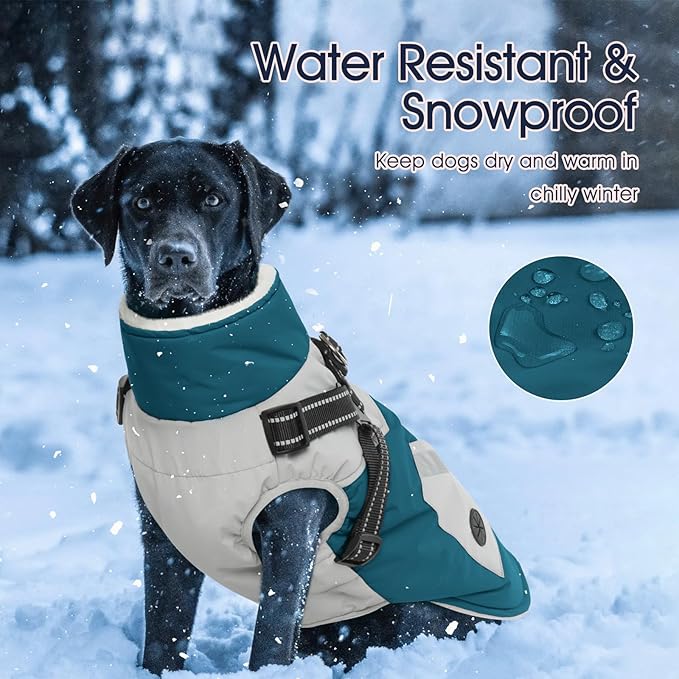IECOii Dog Winter Coat with Harness Built in, Waterproof Windproof Dog Coats for Large Dogs, Thermal Fleece Cold Weather Jackets with Zip, Outdoor Warm Snow Jacket Reflective, Turquoise Green, XXXL