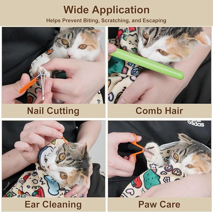 27.6" Large Cat Grooming Wrap – Anti-Escape Cat Wrap for Cutting Nails, Brushing & Medication – Soft, Comfortable, Reusable, Self-Adhering, Holds Cats Up to 15lbs (Elephant Cat)