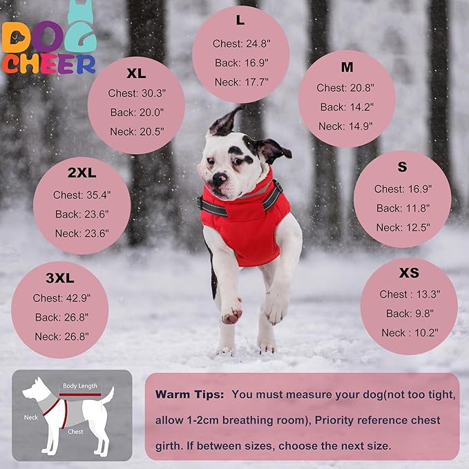 Dogcheer Dog Coat with Harness, Waterproof Warm Dog Winter Jacket with Pockets, Reflective Pet Fleece Jacket Turtleneck Snowsuit for Small Medium Large Dogs - Red, M