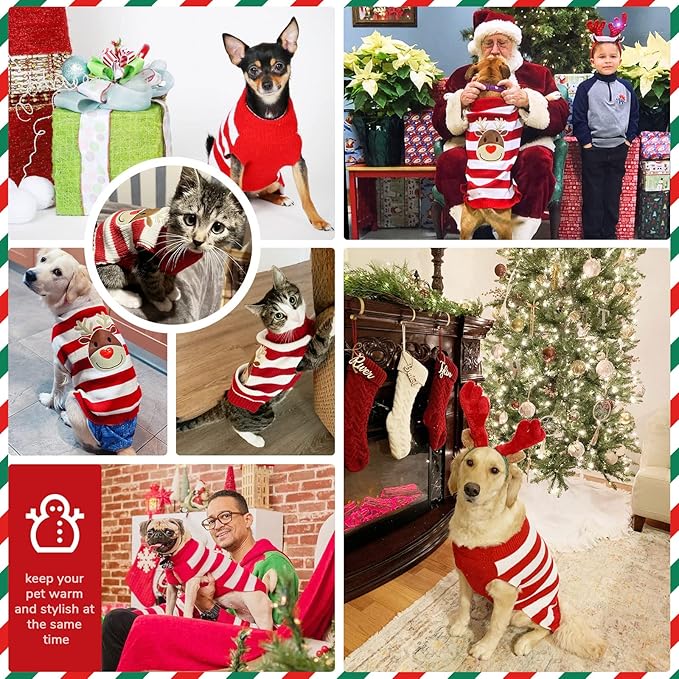 PETCARE Reindeer Christmas Dog Sweater Red Striped Cat Sweater Cartoon Elk Pet Vest Holiday Dog Clothes Puppy Sweaters for Small Medium Large Dogs Cats Fall Winter Outfits Xmas Dogs Costume,Small