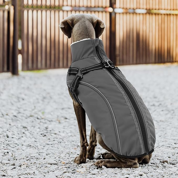 Dog Winter Coat with Harness Built in Warm Puffer Dog Jackets for Small Medium Large Dogs Windproof Waterproof Outfit with Plush Lining and Reflective Stripes (Grey, 2XL)